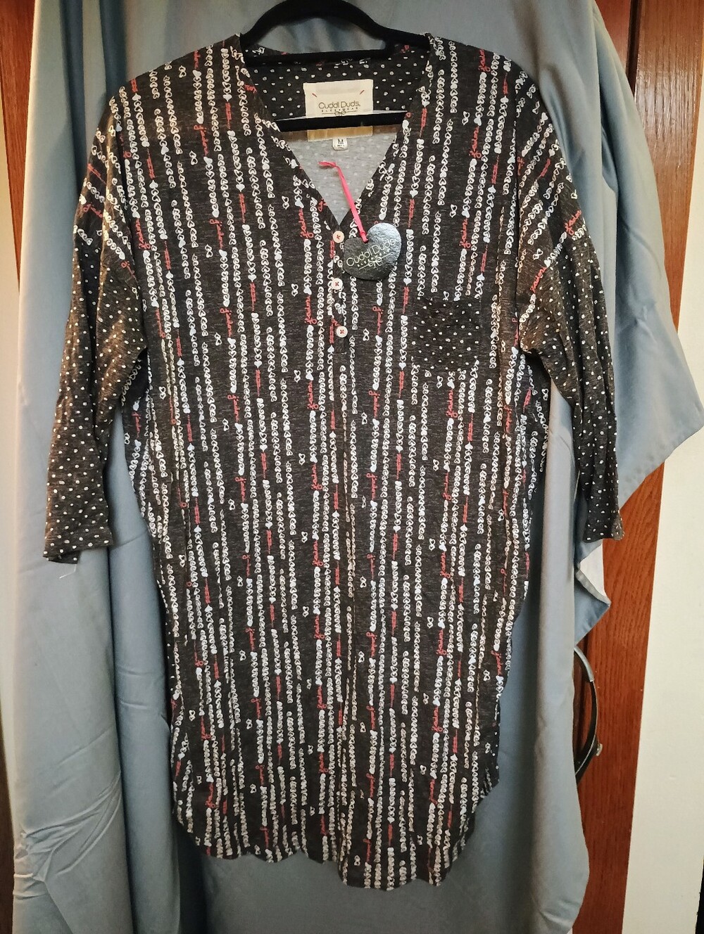 Cuddl Duds NWT Black Vertical Heart Abstract Pattern 3/4 Sleeve Sleep Shirt Tuni